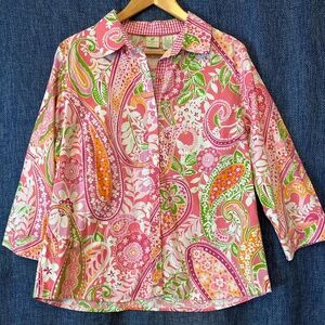 Caribbean Joe Pink White Green Pattern Paisley Button Down Shirt Large